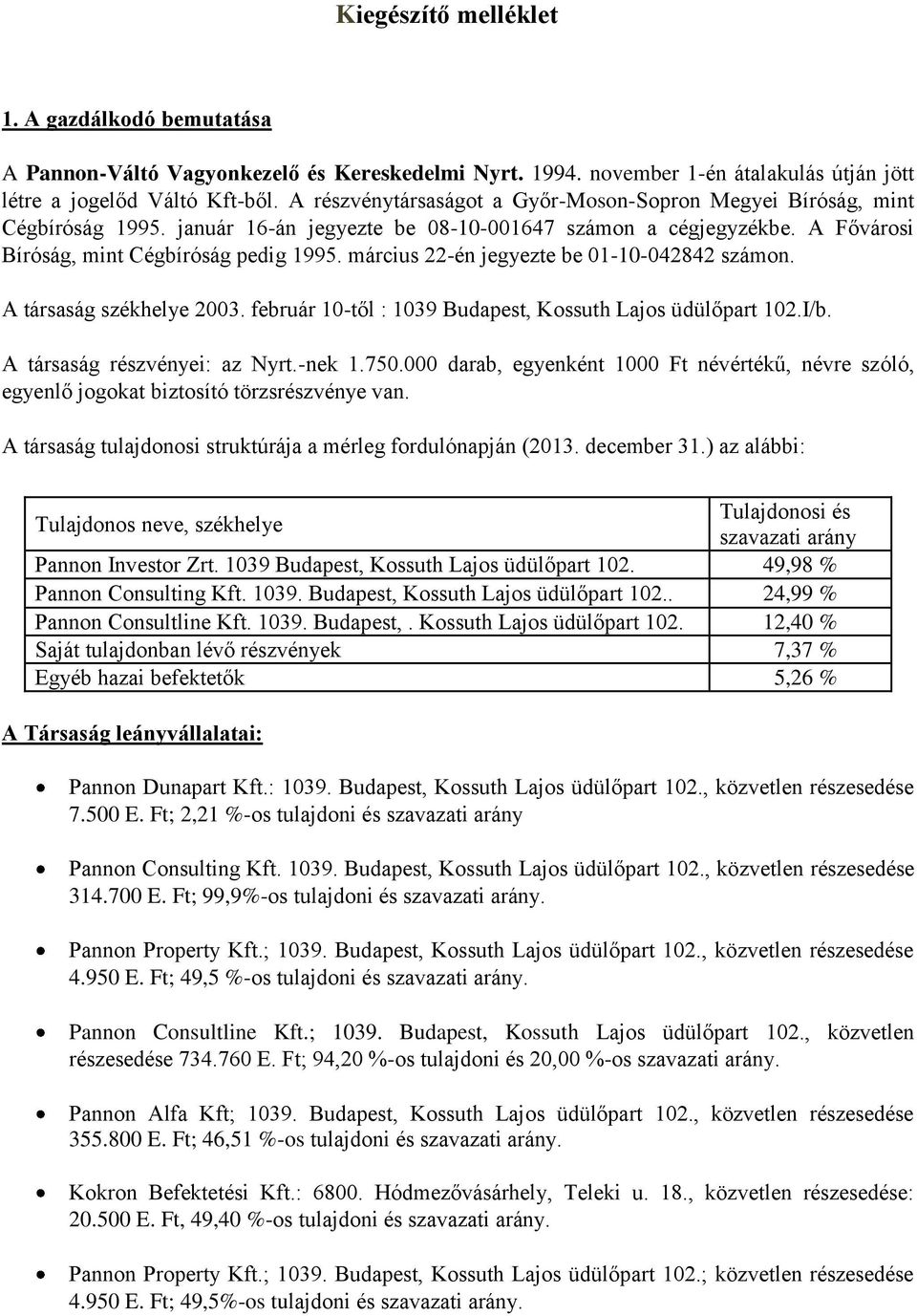 március 22-én jegyezte be 01-10-042842 számon. A társaság székhelye 2003. február 10-től : 1039 Budapest, Kossuth Lajos üdülőpart 102.I/b. A társaság részvényei: az Nyrt.-nek 1.750.