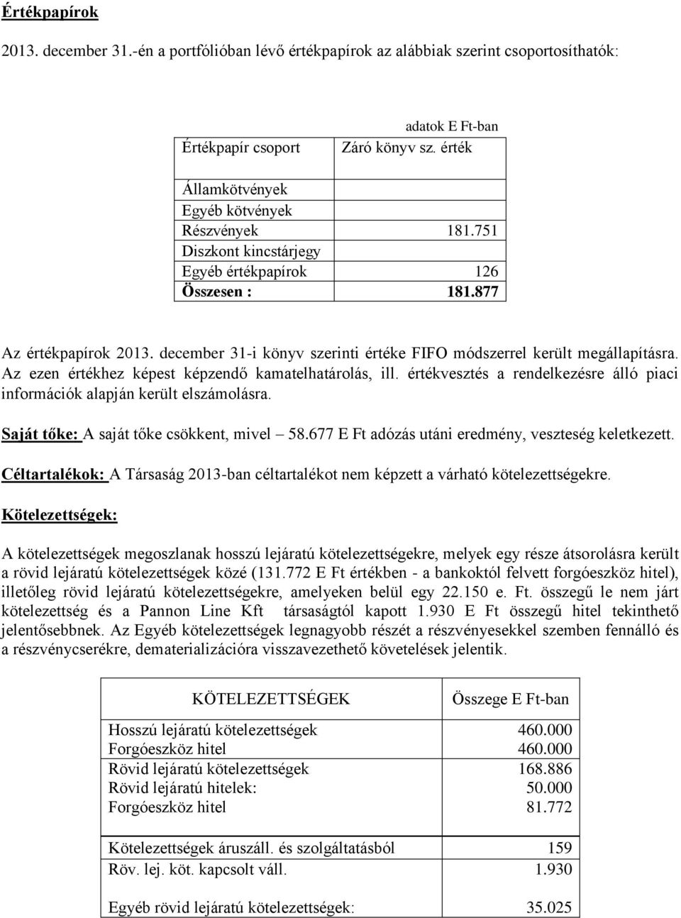 december 31-i könyv szerinti értéke FIFO módszerrel került megállapításra. Az ezen értékhez képest képzendő kamatelhatárolás, ill.
