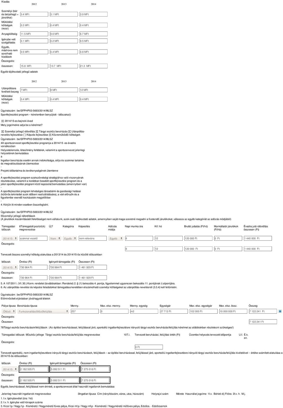 3 MFt Egyéb tájékoztató jellegű adatok 01 013 014 Utánpótlára 7 MFt fordított özeg 8 MFt 1 MFt Működéi költégek (rezi) 0.4 MFt 0.