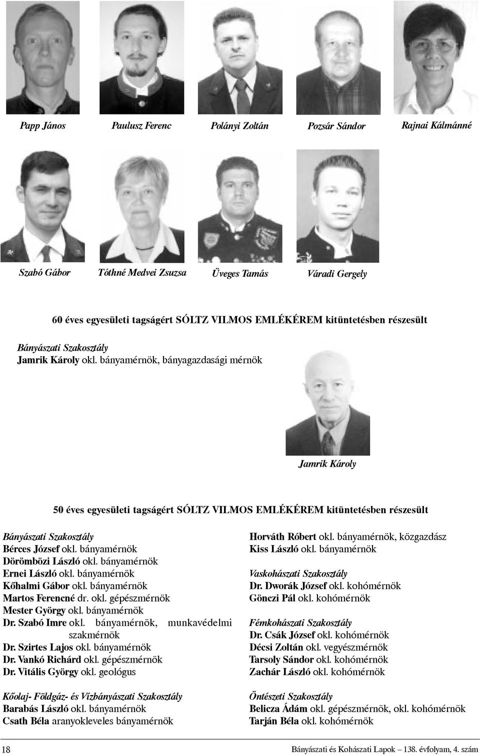 Dörömbözi László Ernei László Kõhalmi Gábor Martos Ferencné dr. okl. gépészmérnök Mester György Dr. Szabó Imre, munkavédelmi szakmérnök Dr. Szirtes Lajos Dr.Vankó Richárd okl. gépészmérnök Dr.