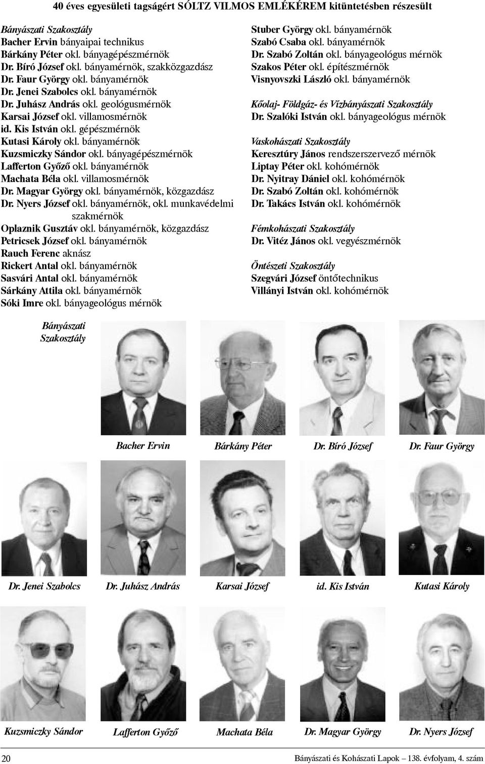 gépészmérnök Kutasi Károly Kuzsmiczky Sándor okl. bányagépészmérnök Lafferton Gyõzõ Machata Béla okl. villamosmérnök Dr. Magyar György, közgazdász Dr. Nyers József, okl.