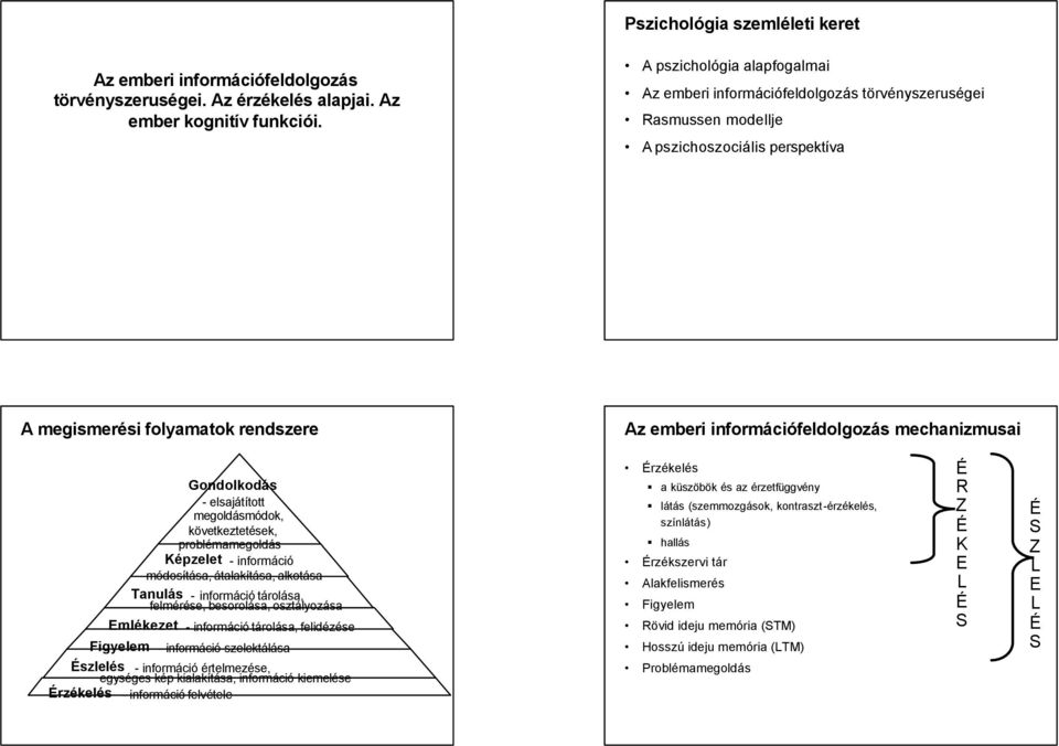 mechanizmusai Gondolkodás - elsajátított megoldásmódok, következtetések, problémamegoldás Képzelet - információ módosítása, átalakítása, alkotása Tanulás - információ tárolása, felmérése, besorolása,