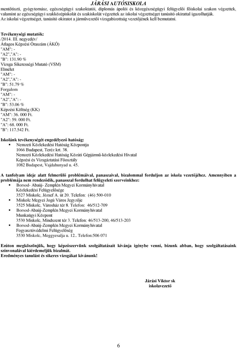 negyedév/ Átlagos Képzési Óraszám (ÁKÓ) "AM": - "A2","A": - "B": 131.90 % Vizsga Sikerességi Mutató (VSM) Elmélet "AM": - "A2","A": - "B": 51.79 % Forgalom "AM": - "A2","A": - "B": 53.