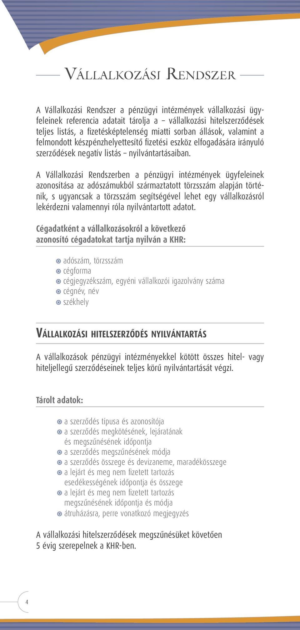 A Vállalkozási Rendszerben a pénzügyi intézmények ügyfeleinek azonosítása az adószámukból származtatott törzsszám alapján történik, s ugyancsak a törzsszám segítségével lehet egy vállalkozásról
