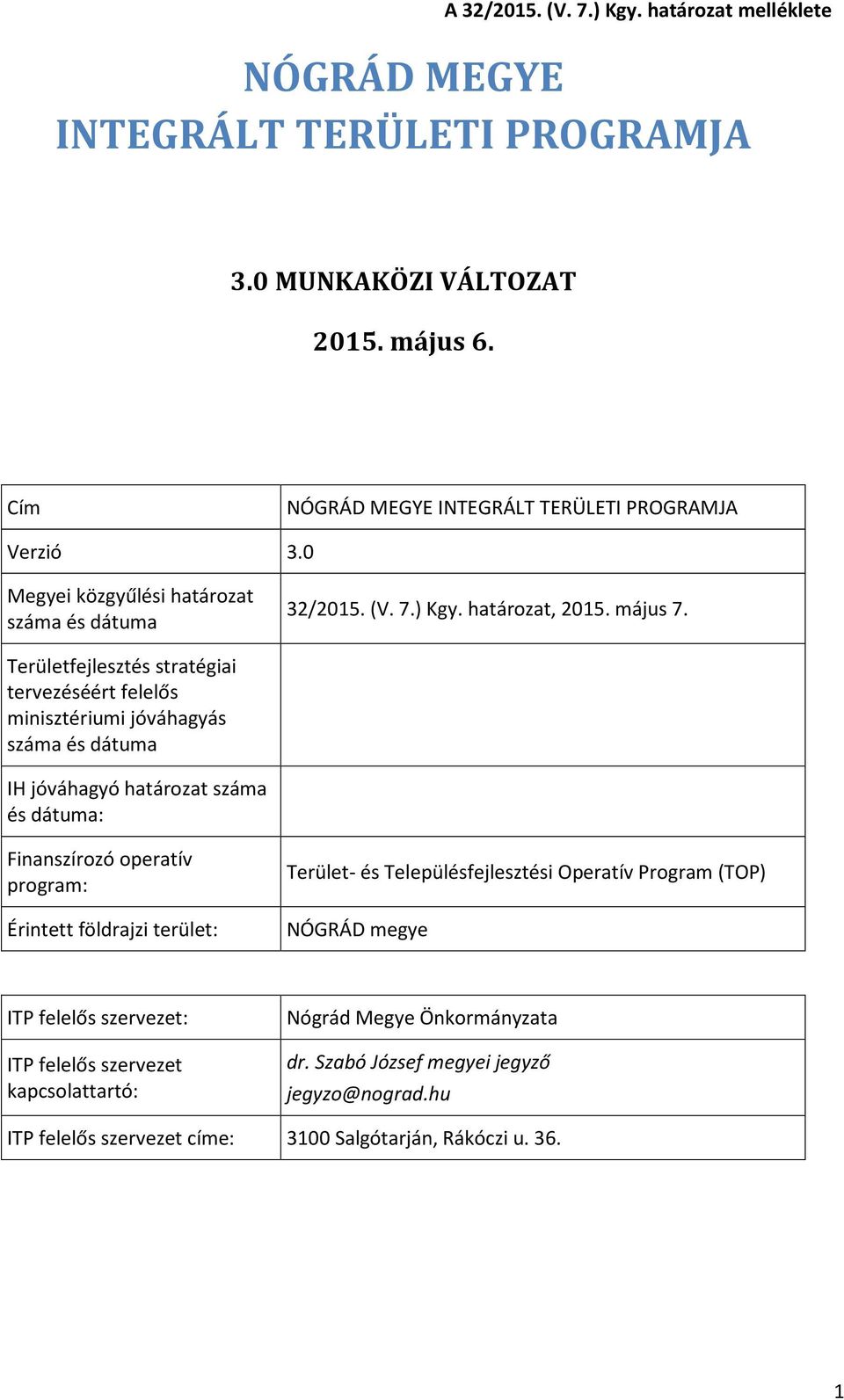 Területfejlesztés stratégiai tervezéséért felelős minisztériumi jóváhagyás száma és dátuma IH jóváhagyó határozat száma és dátuma: Finanszírozó operatív program: Érintett földrajzi