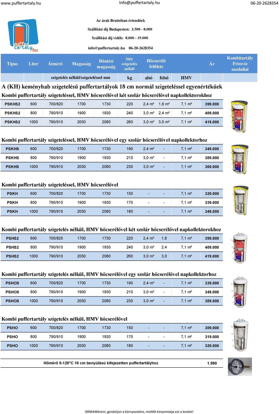 000 Kombi puffertartály sel, HMV hőcserélővel egy szolár hőcserélővel napkollektorhoz PSKHS 600 700/820 1700 1730 190 2,4 m² - 7,1 m² 349.000 PSKHS 800 790/910 1900 1930 210 3,0 m² - 7,1 m² 359.