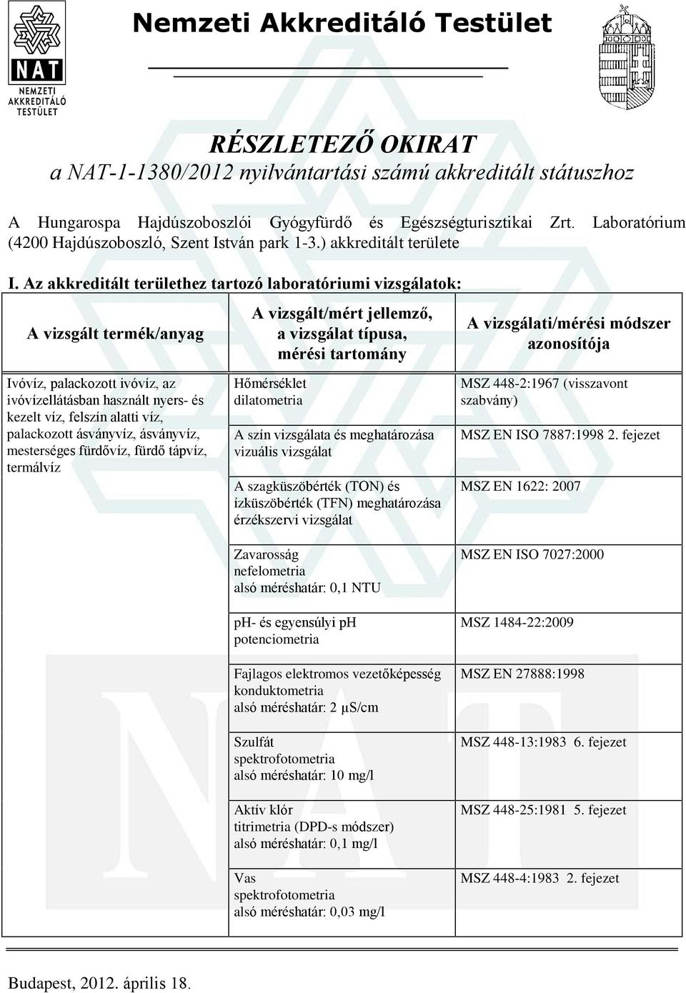 Az akkreditált területhez tartozó laboratóriumi vizsgálatok: Hõmérséklet dilatometria A szín vizsgálata és meghatározása vizuális vizsgálat A szagküszöbérték (TON) és ízküszöbérték (TFN)