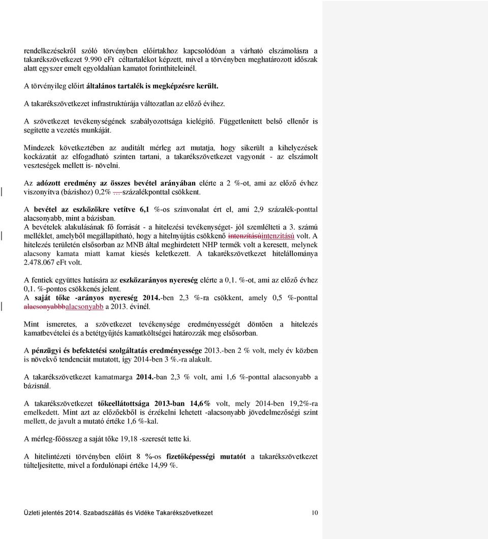 A takarékszövetkezet infrastruktúrája változatlan az előző évihez. A szövetkezet tevékenységének szabályozottsága kielégítő. Függetlenített belső ellenőr is segítette a vezetés munkáját.