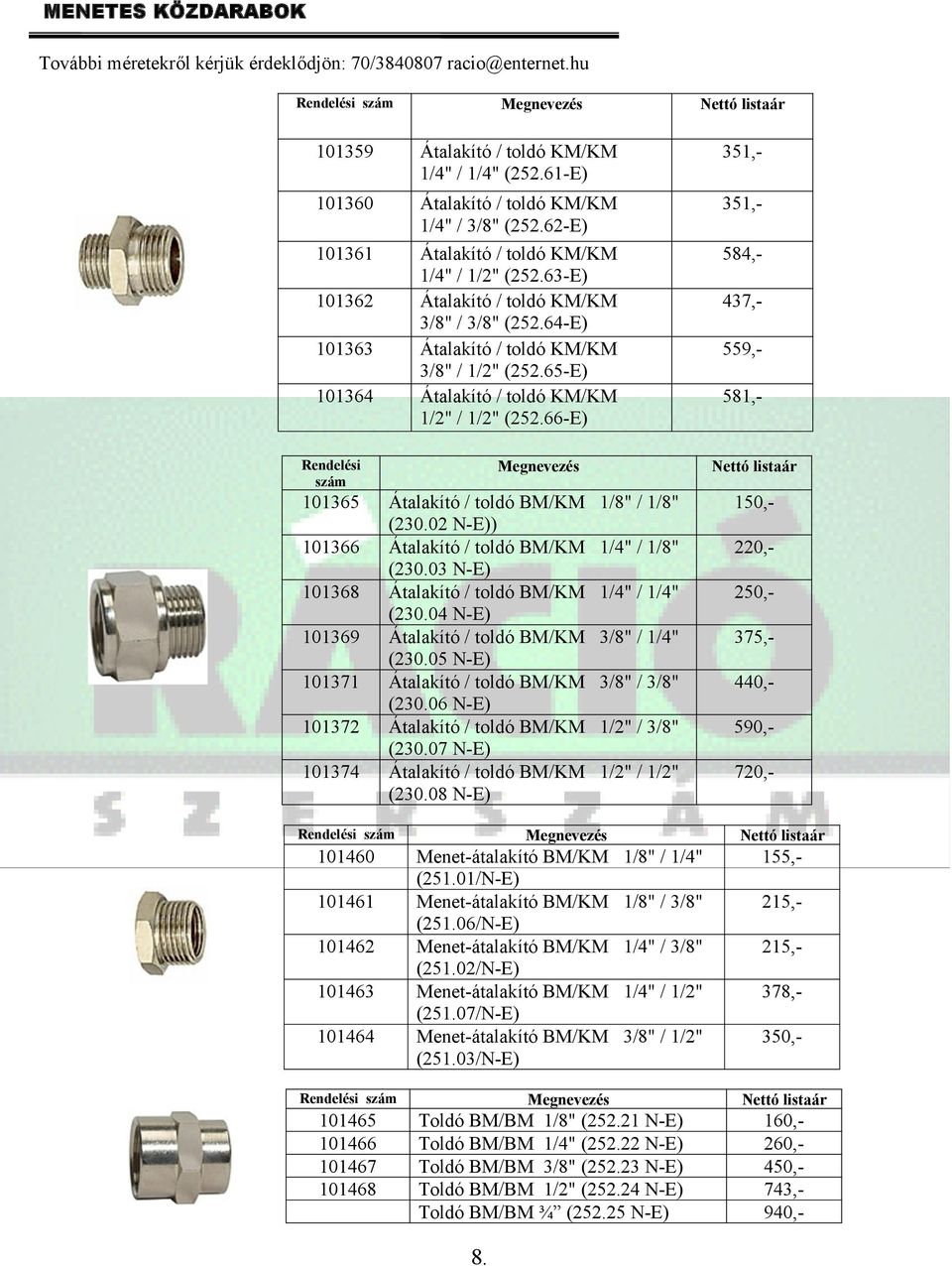 65-E) 101364 Átalakító / toldó KM/KM 1/2" / 1/2" (252.66-E) Rendelési szám Megnevezés 101365 Átalakító / toldó BM/KM 1/8" / 1/8" (230.02 N-E)) 101366 Átalakító / toldó BM/KM 1/4" / 1/8" (230.