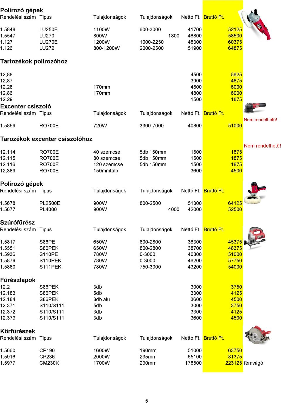114 RO700E 40 szemcse 5db 150mm 1500 1875 12.115 RO700E 80 szemcse 5db 150mm 1500 1875 12.116 RO700E 120 szemcse 5db 150mm 1500 1875 12,389 RO700E 150mmtalp 3600 4500 Polírozó gépek 1.