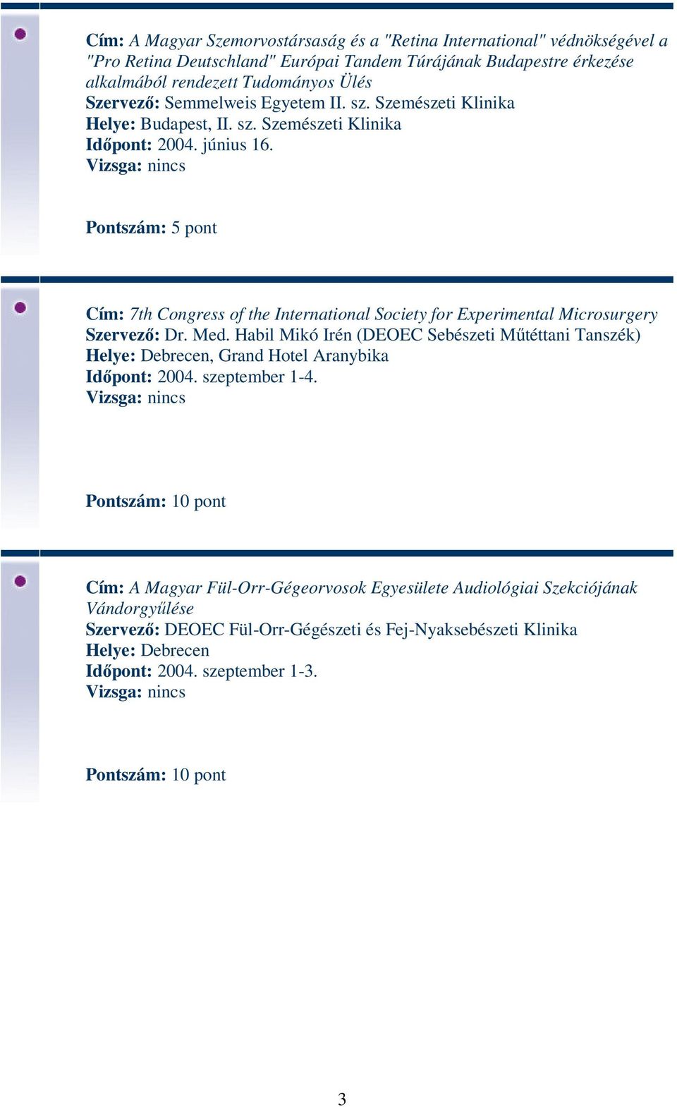 Pontszám: 5 pont Cím: 7th Congress of the International Society for Experimental Microsurgery Szervező: Dr. Med.