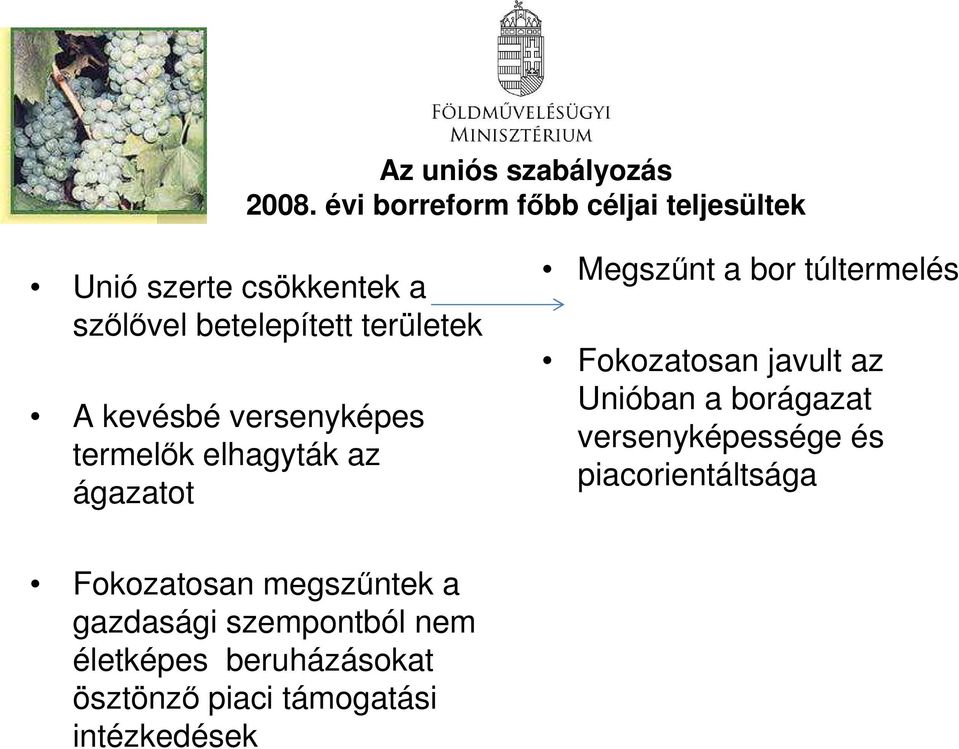 kevésbé versenyképes termelők elhagyták az ágazatot Megszűnt a bor túltermelés Fokozatosan javult