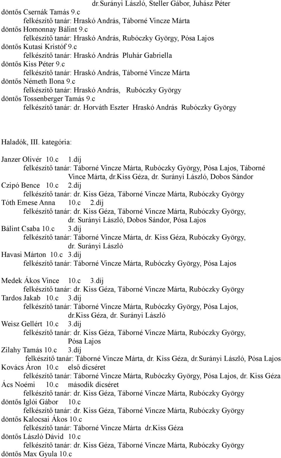 c Hraskó András, Rubóczky György döntős Tossenberger Tamás 9.c dr. Horváth Eszter Hraskó András Rubóczky György Haladók, III. kategória: Janzer Olivér 10.c 1.