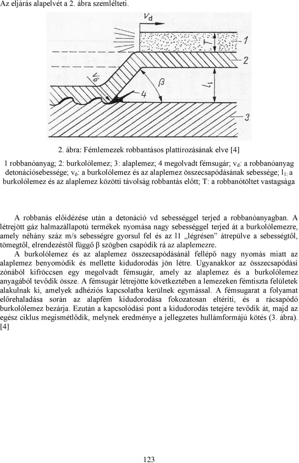ábra: Fémlemezek robbantásos plattírozásának elve [4] 1 robbanóanyag; 2: burkolólemez; 3: alaplemez; 4 megolvadt fémsugár; v d : a robbanóanyag detonációsebessége; v ö : a burkolólemez és az