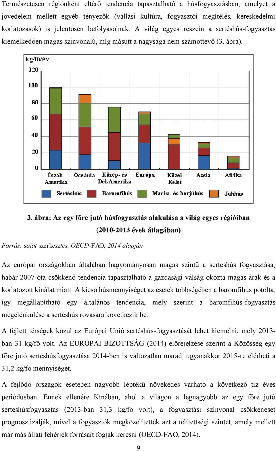 ábra: Az egy főre jutó húsfogyasztás alakulása a világ egyes régióiban (2010-2013 évek átlagában) Forrás: saját szerkesztés, OECD-FAO, 2014 alapján Az európai országokban általában hagyományosan