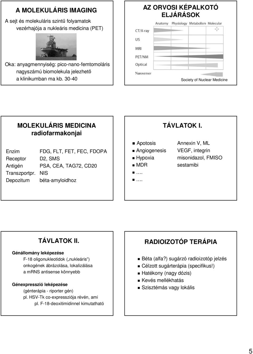 Depozitum FDG, FLT, FET, FEC, FDOPA D2, SMS PSA, CEA, TAG72, CD20 NIS béta-amyloidhoz Angiogenesis Hypoxia MDR.. VEGF, integrin misonidazol, FMISO sestamibi TÁVLATOK II.