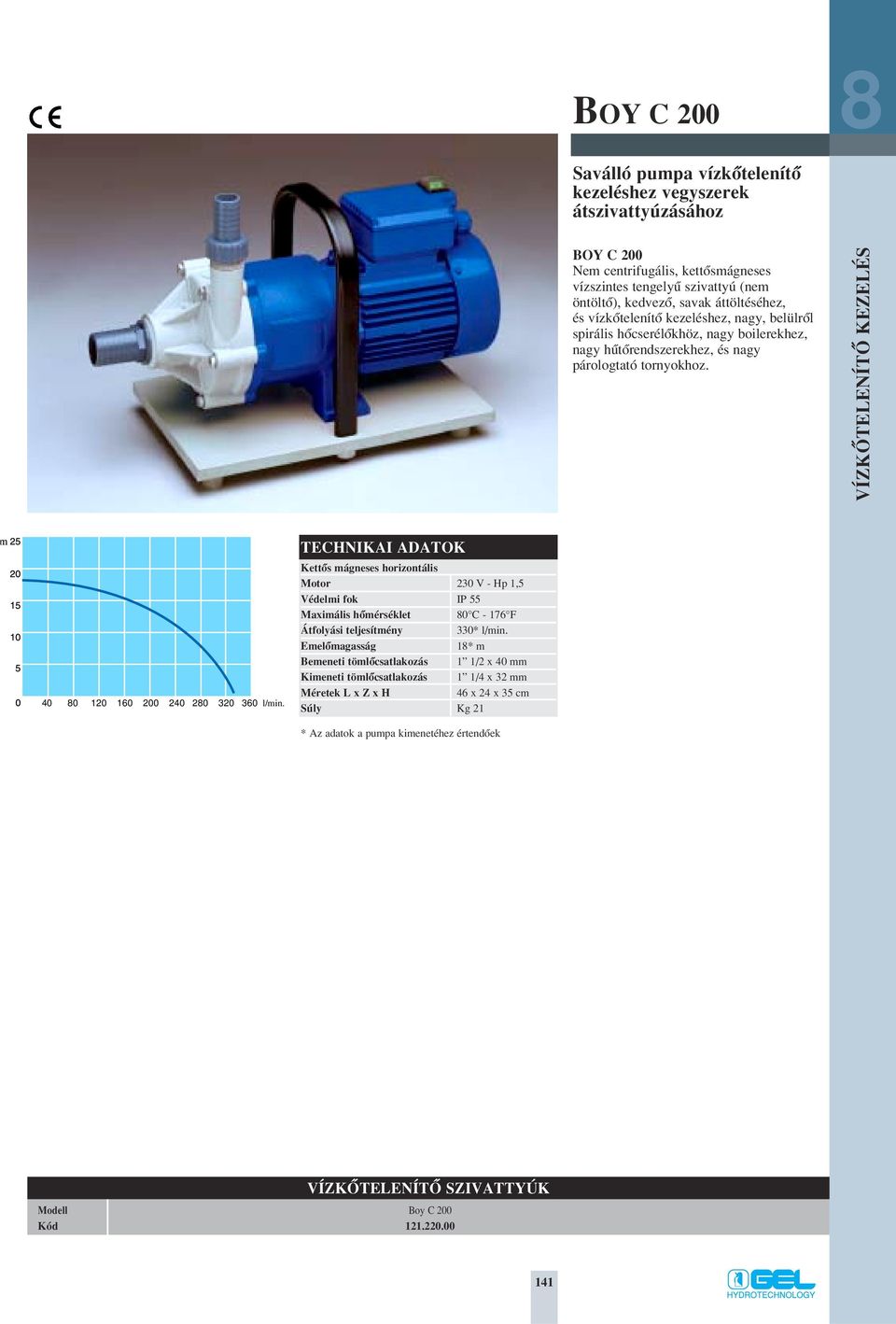 40 80 120 160 200 240 280 320 360 l/min. TECHNIKAI ADATOK KettŒs mágneses horizontális Motor 230 V - Hp 1,5 Védelmi fok IP 55 Maximális hœmérséklet 80 C - 176 F Átfolyási teljesítmény 330* l/min.