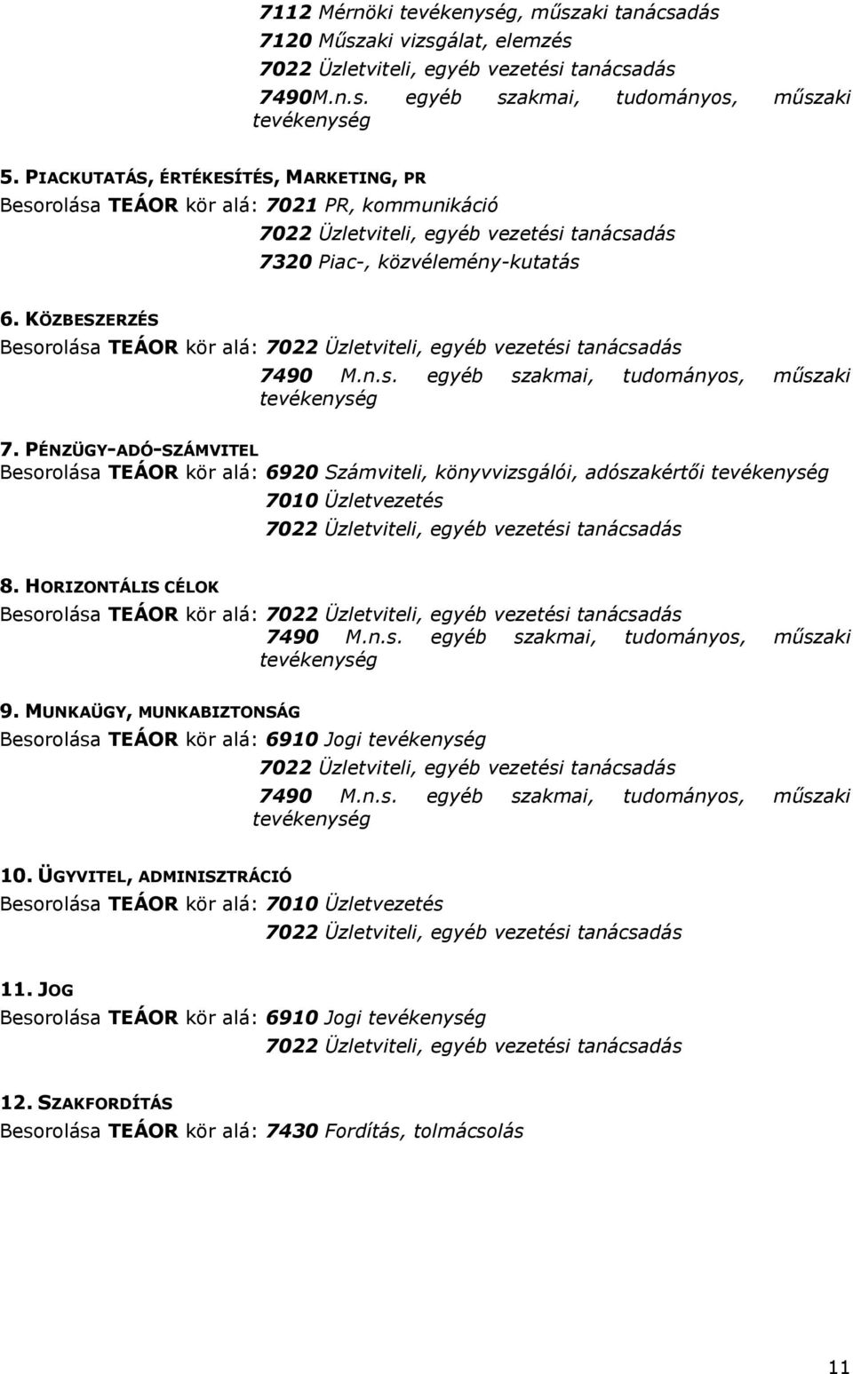 KÖZBESZERZÉS Besorolása TEÁOR kör alá: 7022 Üzletviteli, egyéb vezetési tanácsadás 7490 M.n.s. egyéb szakmai, tudományos, műszaki tevékenység 7.