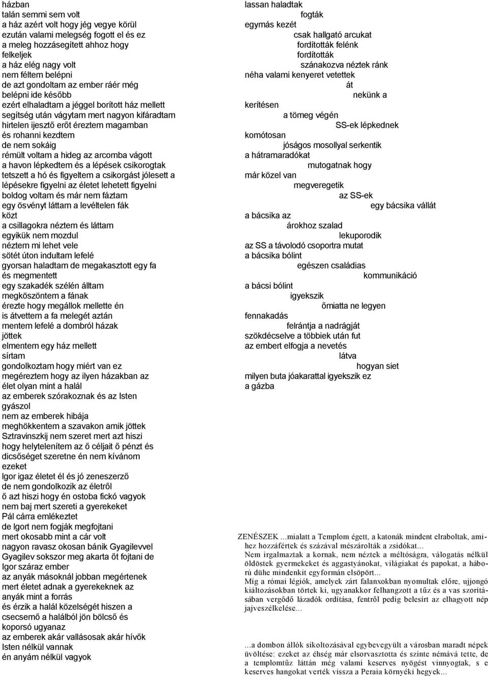 nem sokáig rémült voltam a hideg az arcomba vágott a havon lépkedtem és a lépések csikorogtak tetszett a hó és figyeltem a csikorgást jólesett a lépésekre figyelni az életet lehetett figyelni boldog