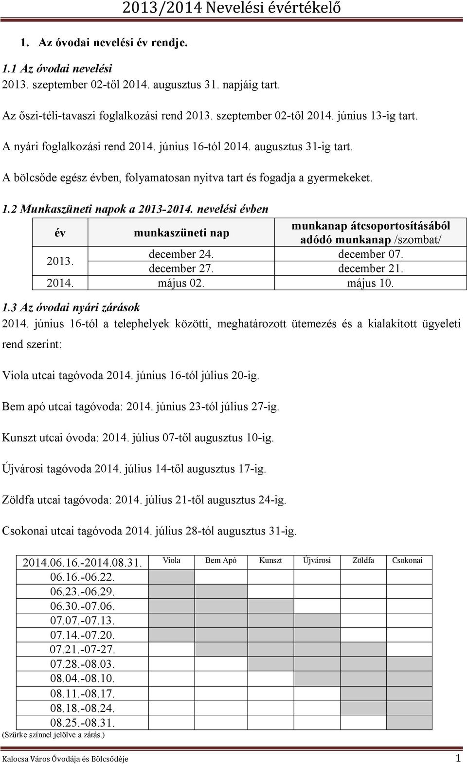 nevelési évben munkanap átcsoportosításából év munkaszüneti nap adódó munkanap /szombat/ december 24. december 07. 2013. december 27. december 21. 2014. május 02. május 10