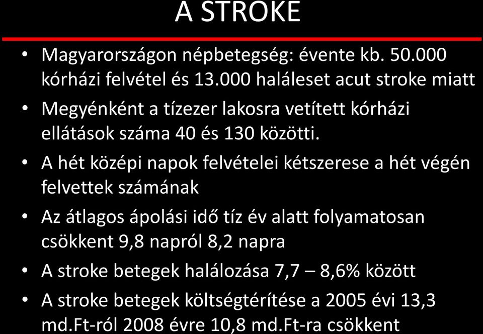 A hét középi napok felvételei kétszerese a hét végén felvettek számának Az átlagos ápolási idő tíz év alatt