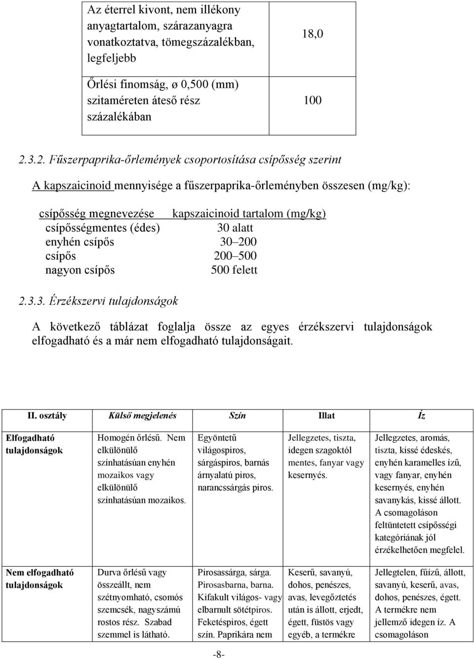 csípősségmentes (édes) 30 alatt enyhén csípős 30 200 csípős 200 500 nagyon csípős 500 felett 2.3.3. Érzékszervi tulajdonságok A következő táblázat foglalja össze az egyes érzékszervi tulajdonságok elfogadható és a már nem elfogadható tulajdonságait.