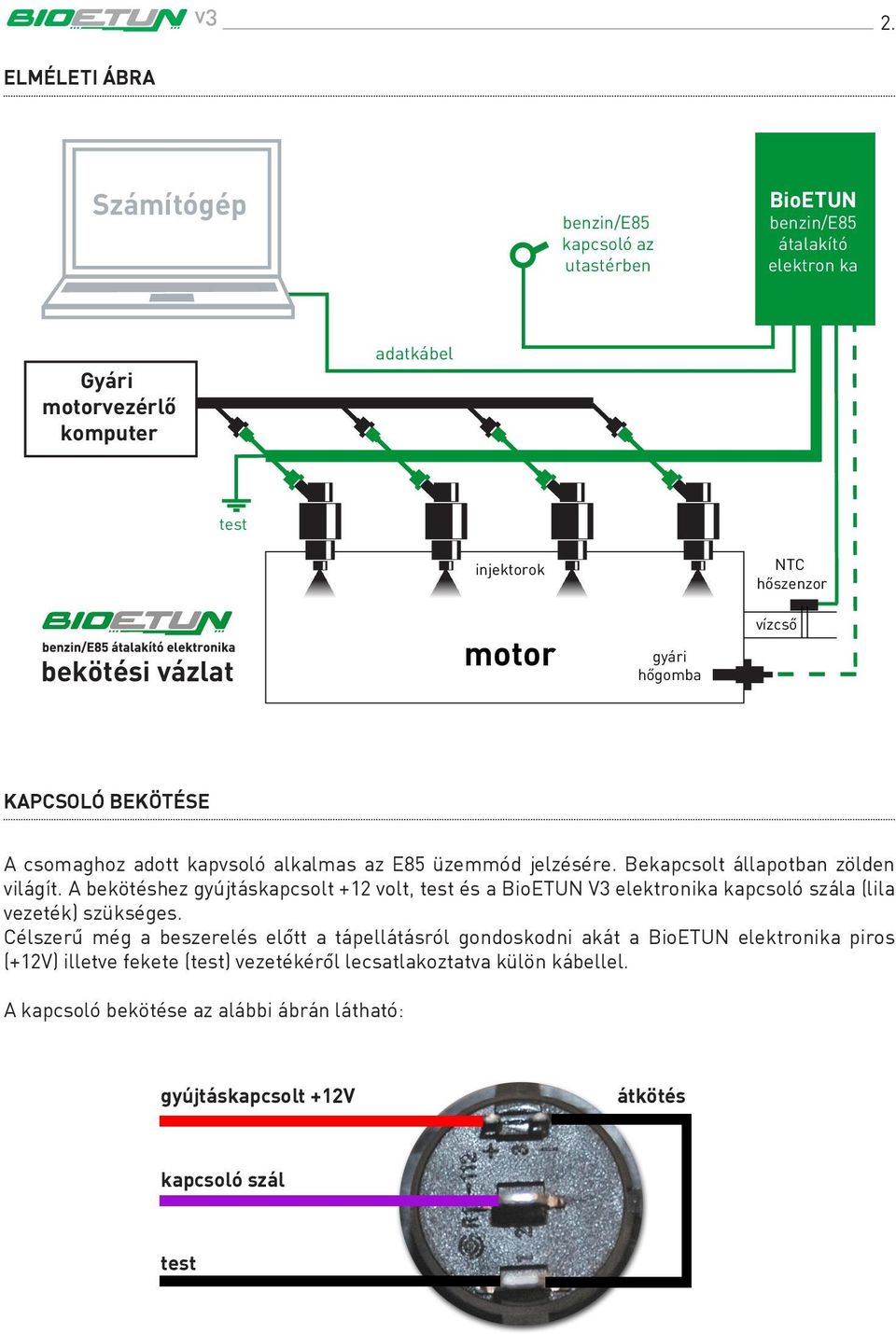 A bekötéshez gyújtáskapcsolt +12 volt, test és a BioETUN V3 elektronika kapcsoló szála (lila vezeték) szükséges.