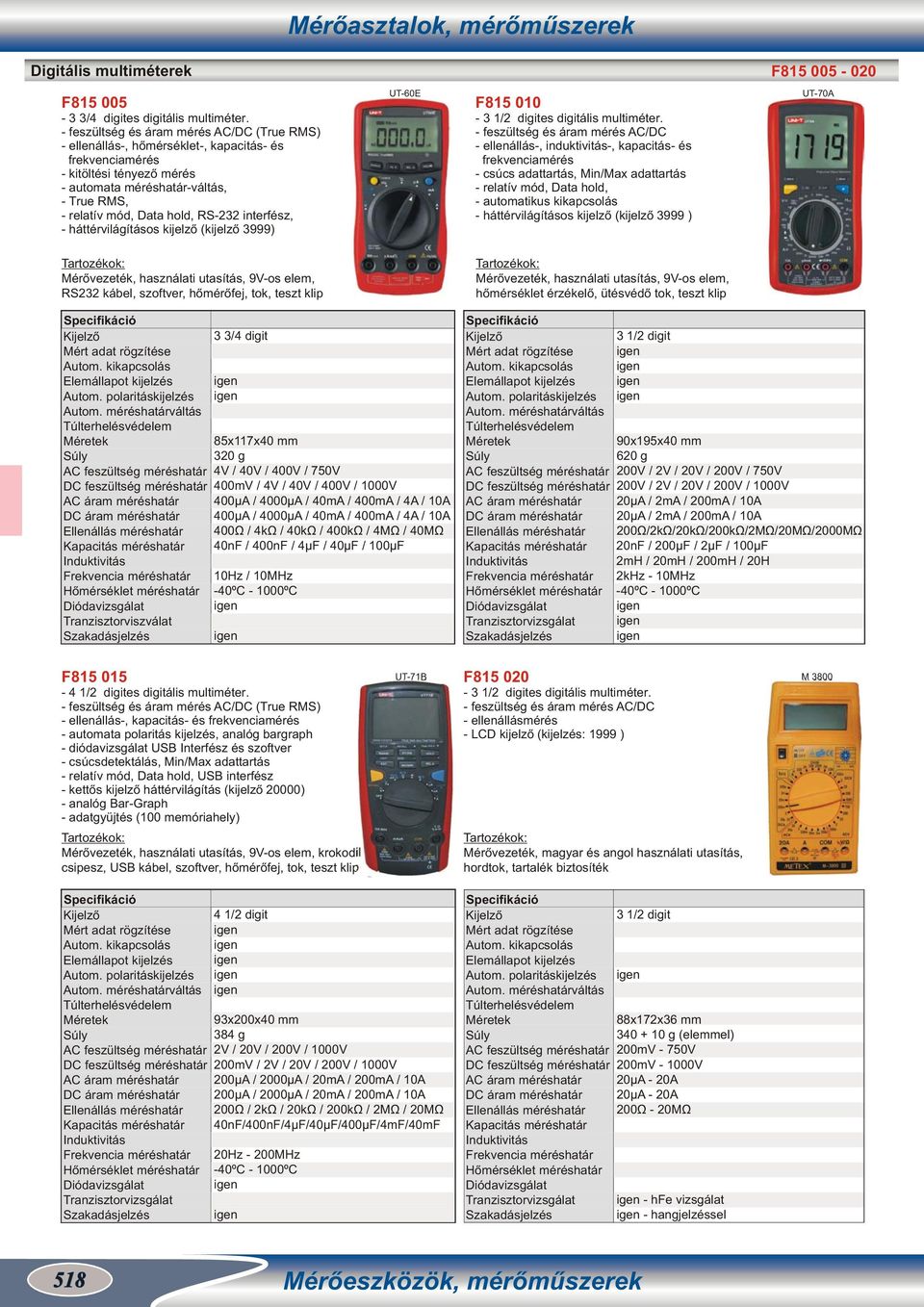 RS-232 interfész, - háttérvilágításos kijelző (kijelző 3999) UT-E F815 010-3 1/2 digites digitális multiméter.