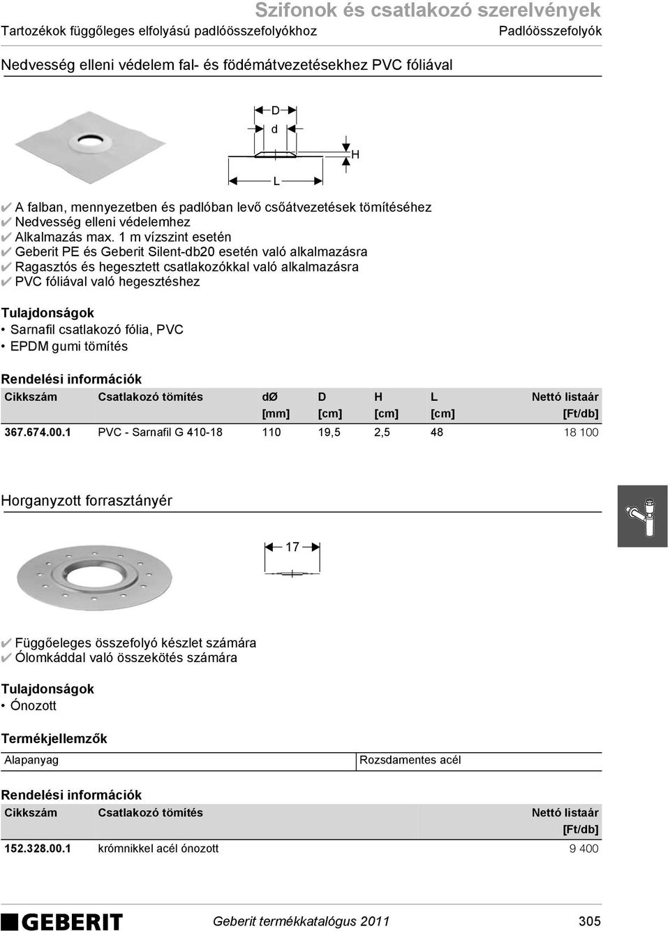 1 m vízszint esetén Geberit PE és Geberit Silent-b20 esetén való alkalmazásra Ragasztós és hegesztett csatlakozókkal való alkalmazásra PVC fóliával való hegesztéshez Sarnafil csatlakozó fólia, PVC