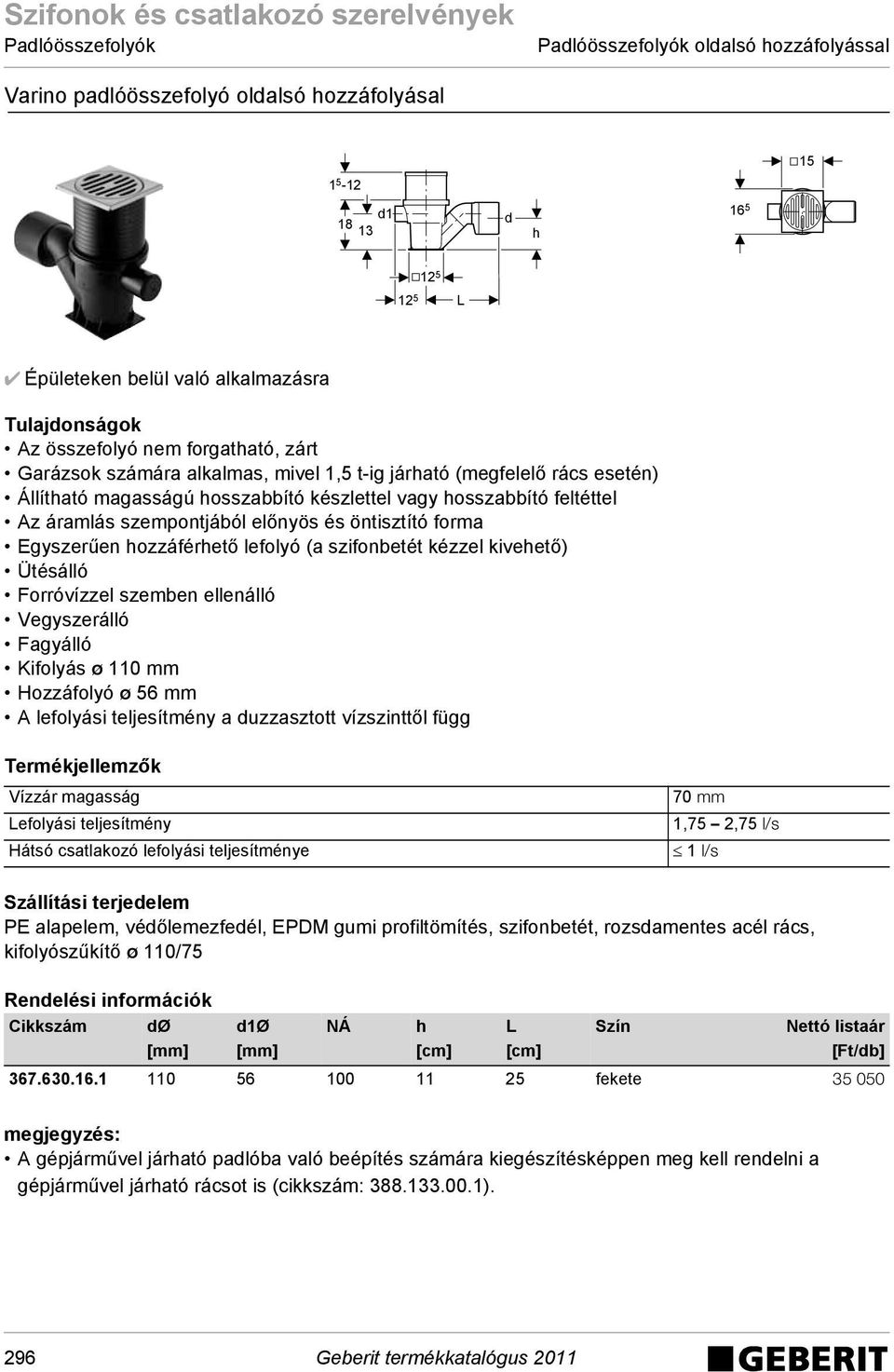 forma Egyszerűen hozzáférhető lefolyó (a szifonbetét kézzel kivehető) Ütésálló Forróvízzel szemben ellenálló Vegyszerálló Fagyálló Kifolyás ø 110 mm Hozzáfolyó ø 56 mm A lefolyási teljesítmény a