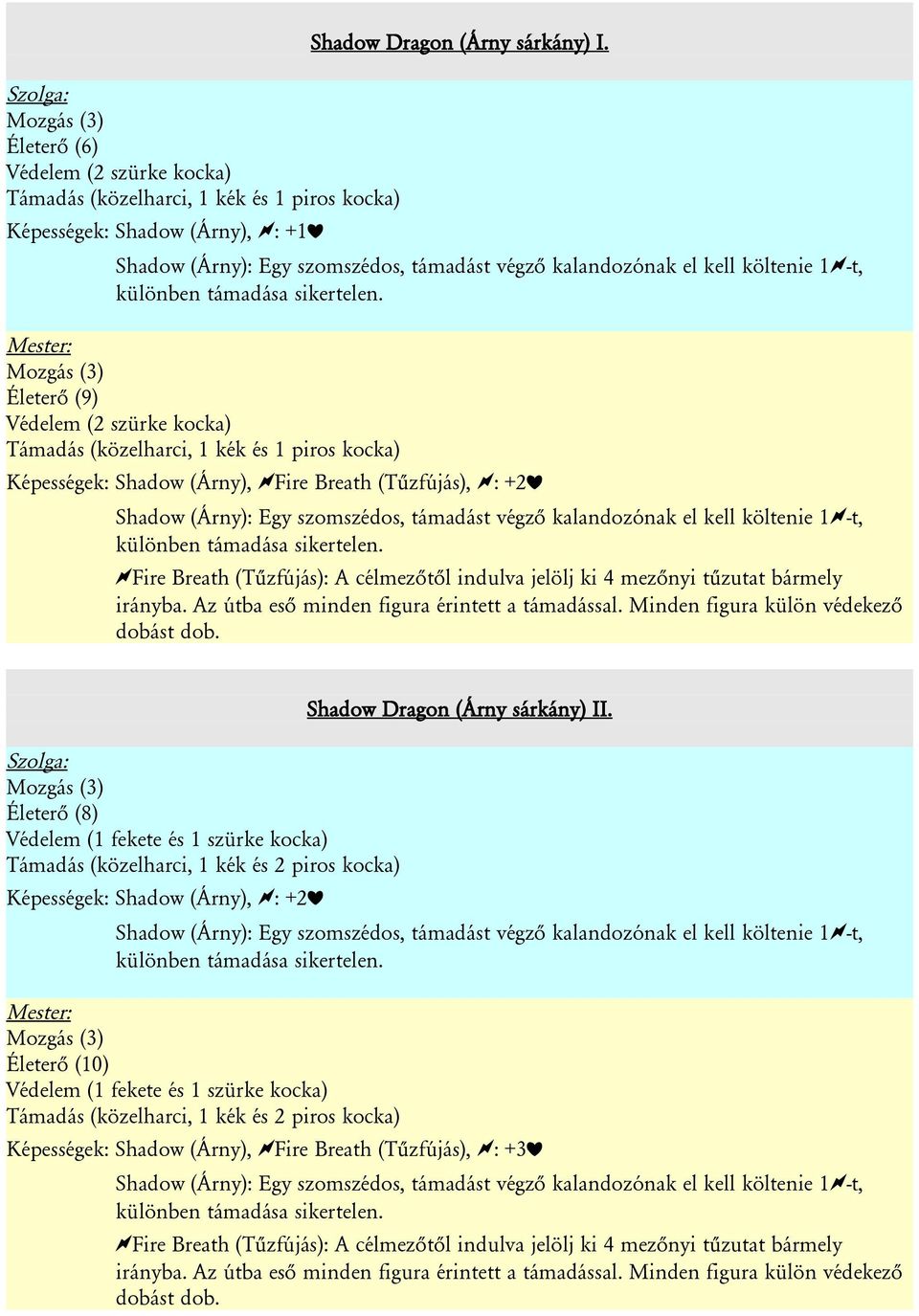Mester: Mozgás (3) Életerő (9) Védelem (2 szürke kocka) Támadás (közelharci, 1 kék és 1 piros kocka) Képességek: Shadow (Árny), <Fire Breath (Tűzfújás), <: +2>  <Fire Breath (Tűzfújás): A célmezőtől