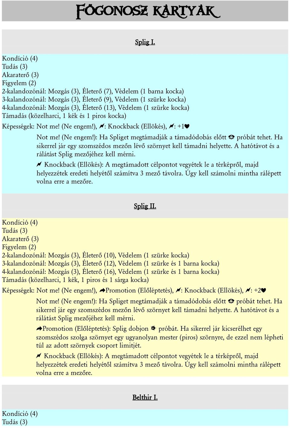 Mozgás (3), Életerő (13), Védelem (1 szürke kocka) Támadás (közelharci, 1 kék és 1 piros kocka) Képességek: Not me! (Ne engem!), <: Knockback (Ellökés), <: +1> Not me! (Ne engem!): Ha Spliget megtámadják a támadódobás előtt { próbát tehet.