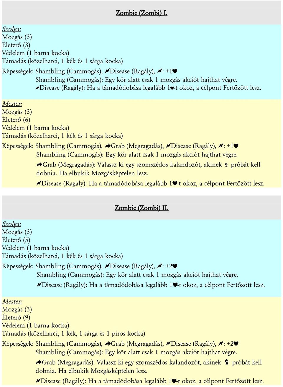 csak 1 mozgás akciót hajthat végre. <Disease (Ragály): Ha a támadódobása legalább 1>-t okoz, a célpont Fertőzött lesz.