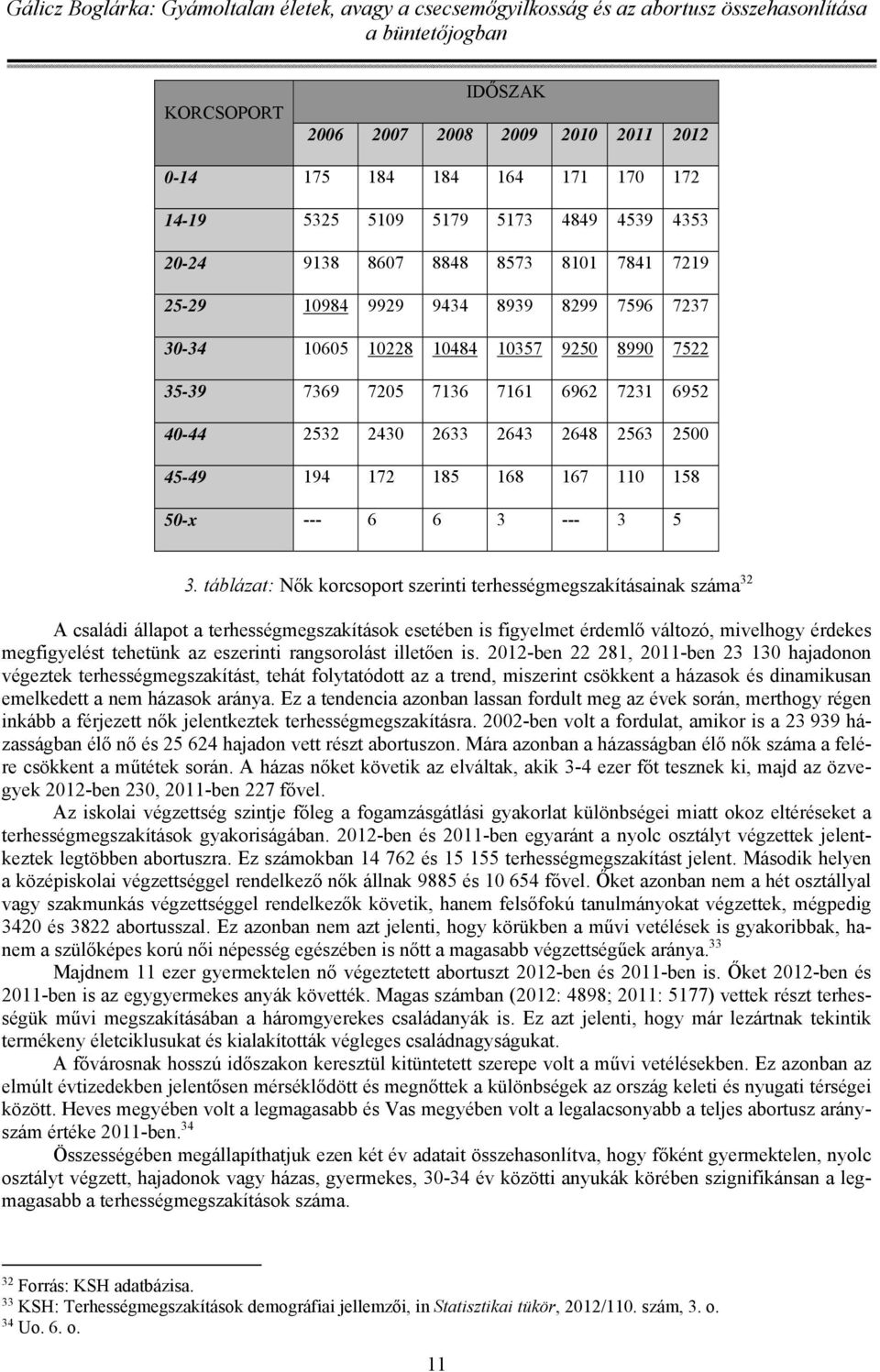 3. táblázat: Nők korcsoport szerinti terhességmegszakításainak száma 32 A családi állapot a terhességmegszakítások esetében is figyelmet érdemlő változó, mivelhogy érdekes megfigyelést tehetünk az