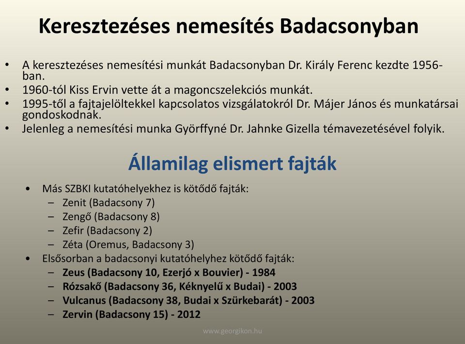 Államilag elismert fajták Más SZBKI kutatóhelyekhez is kötődő fajták: Zenit (Badacsony 7) Zengő (Badacsony 8) Zefir (Badacsony 2) Zéta (Oremus, Badacsony 3) Elsősorban a badacsonyi