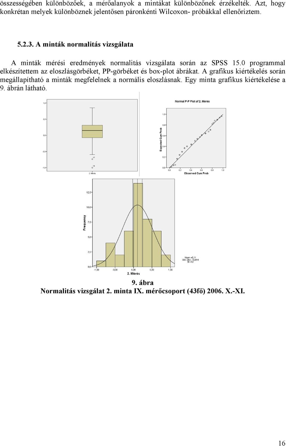A minták normalitás vizsgálata A minták mérési eredmények normalitás vizsgálata során az SPSS 15.