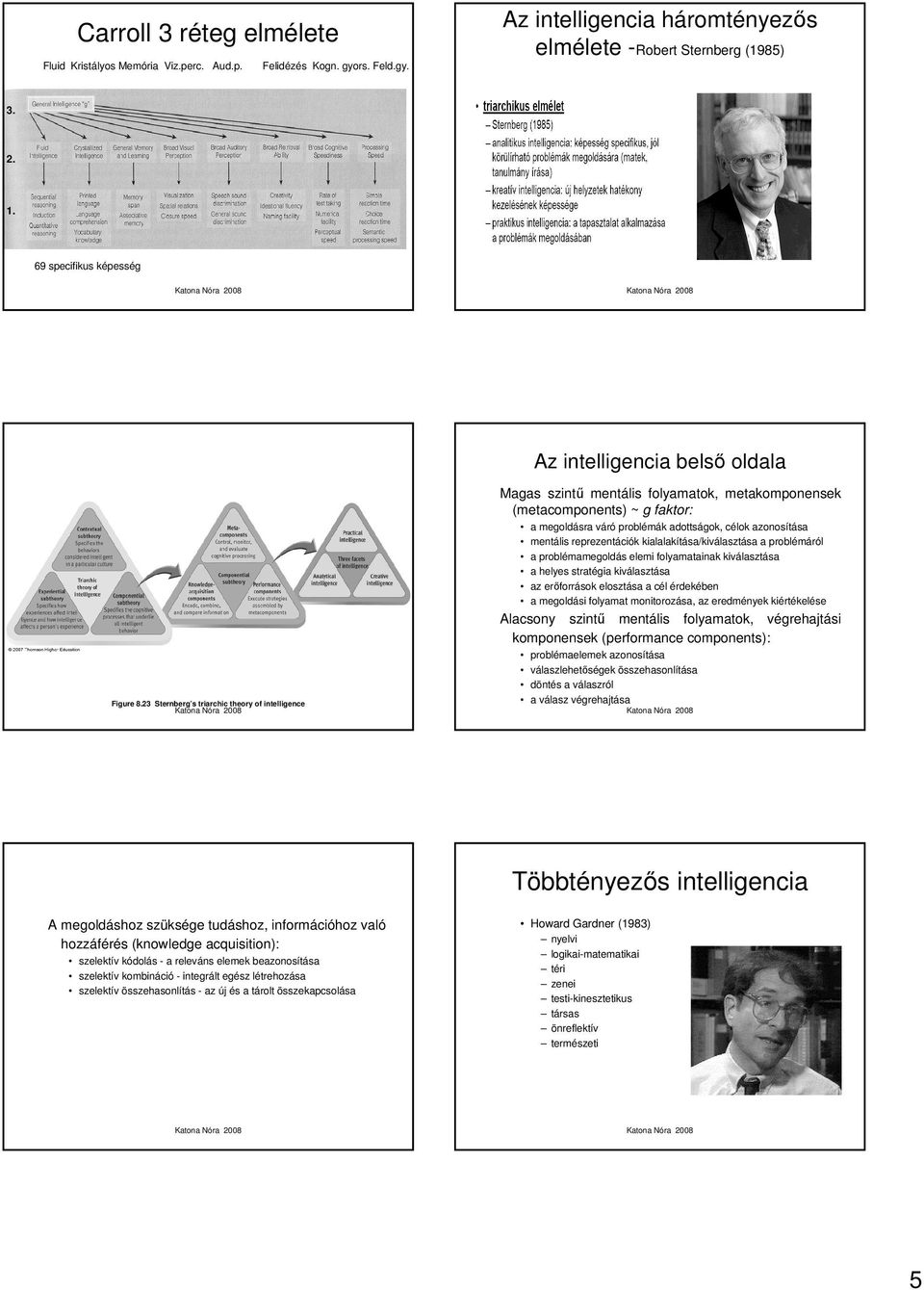 23 Sternberg s triarchic theory of intelligence Magas szintű mentális folyamatok, metakomponensek (metacomponents) ~ g faktor: a megoldásra váró problémák adottságok, célok azonosítása mentális