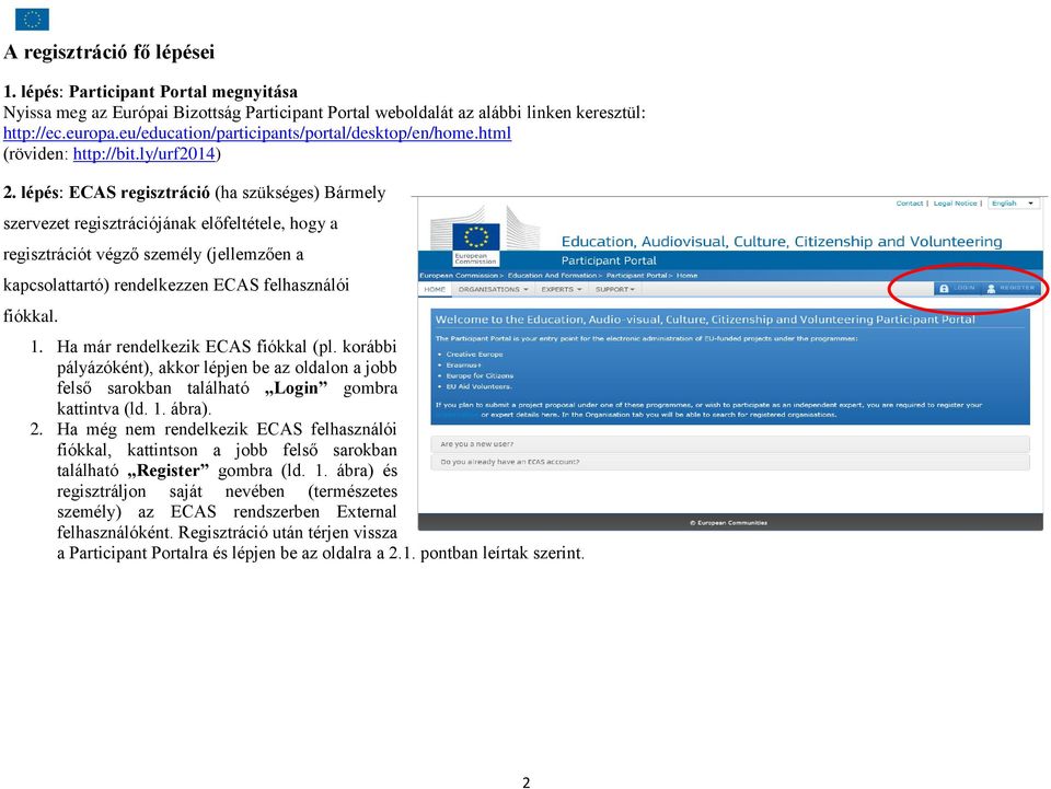 lépés: ECAS regisztráció (ha szükséges) Bármely szervezet regisztrációjának előfeltétele, hogy a regisztrációt végző személy (jellemzően a kapcsolattartó) rendelkezzen ECAS felhasználói fiókkal. 1.