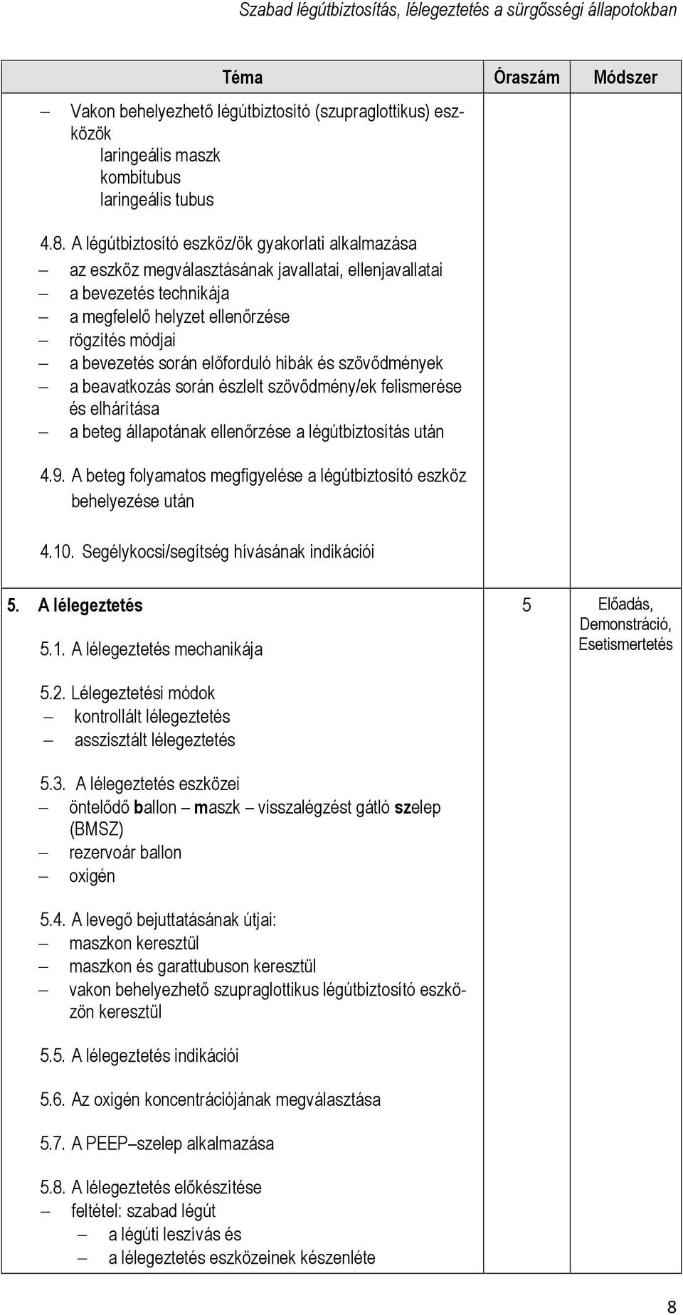 előforduló hibák és szövődmények a beavatkozás során észlelt szövődmény/ek felismerése és elhárítása a beteg állapotának ellenőrzése a légútbiztosítás után 4.9.