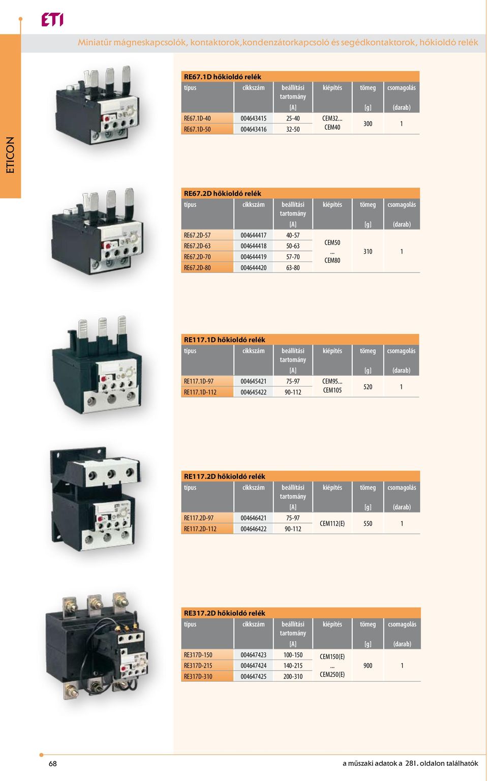 2D-63 004644418 50-63 RE67.2D-70 004644419 57-70 RE67.2D-80 004644420 63-80 CEM50... CEM80 310 1 RE117.1D hőkioldó relék típus cikkszám beállítási kiépítés tömeg tartomány [A] RE117.