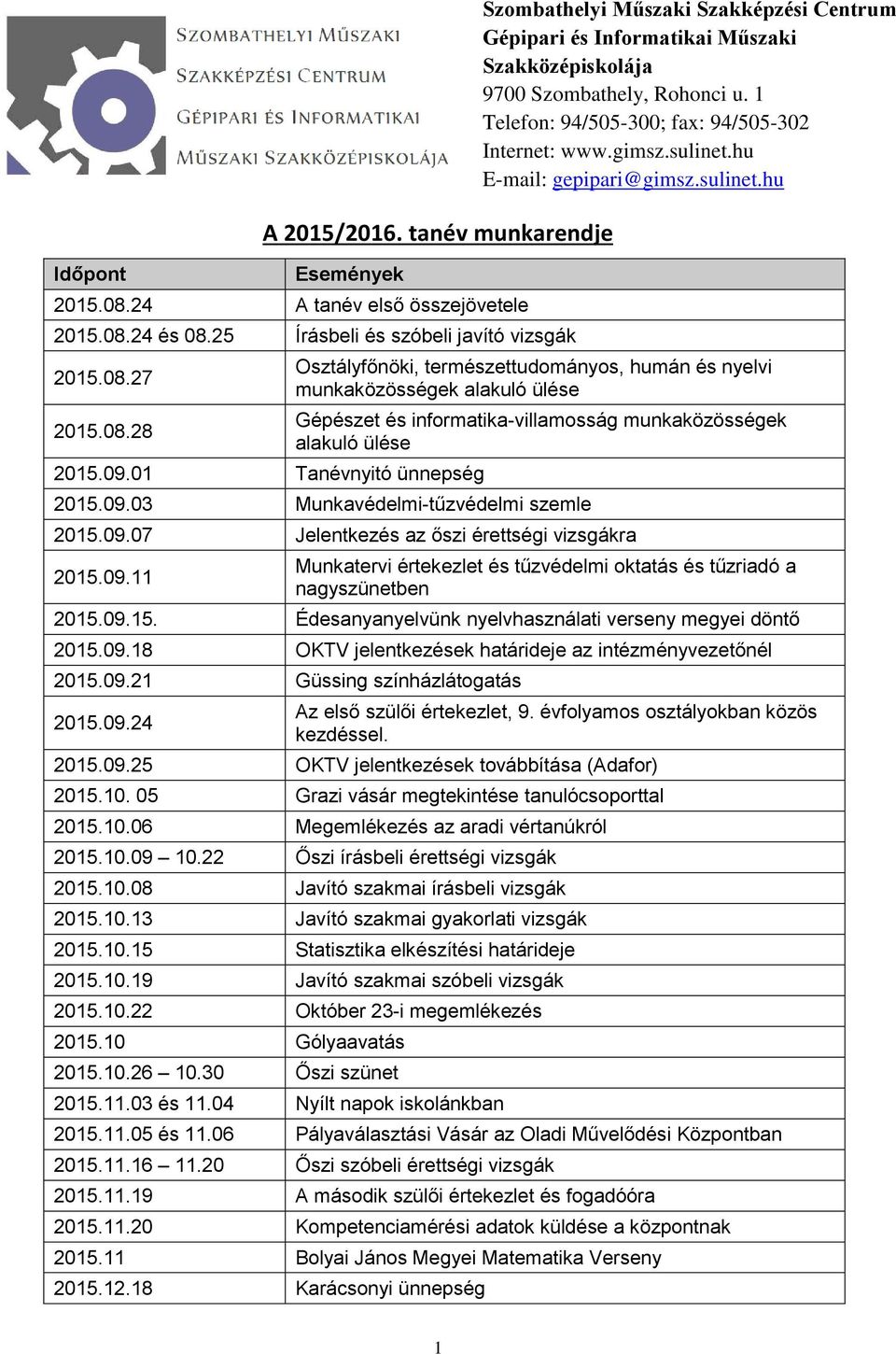 alakuló ülése 2015.09.03 Munkavédelmi-tűzvédelmi szemle 2015.09.07 Jelentkezés az őszi érettségi vizsgákra 2015.09.11 Munkatervi értekezlet és tűzvédelmi oktatás és tűzriadó a nagyszünetben 2015.09.15. Édesanyanyelvünk nyelvhasználati verseny megyei döntő 2015.