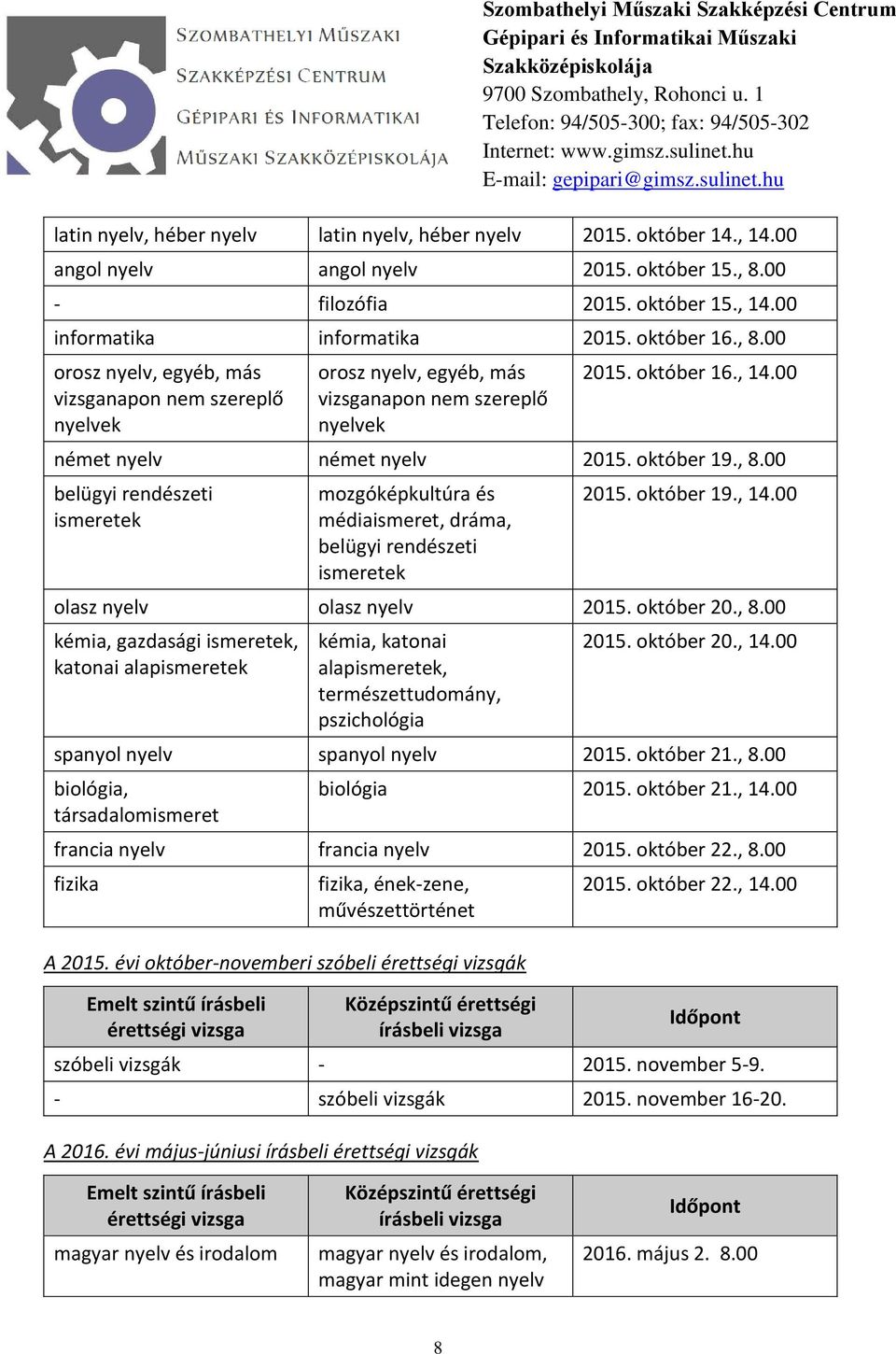 , 8.00 belügyi rendészeti ismeretek mozgóképkultúra és médiaismeret, dráma, belügyi rendészeti ismeretek 2015. október 19., 14.00 olasz nyelv olasz nyelv 2015. október 20., 8.00 kémia, gazdasági ismeretek, katonai alapismeretek kémia, katonai természettudomány, pszichológia 2015.