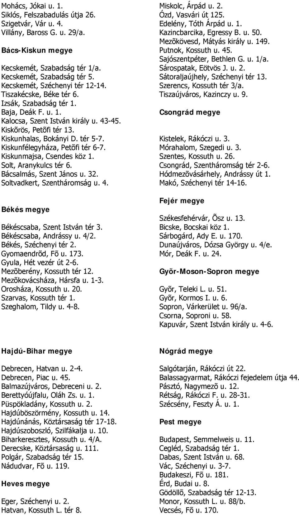 Sátoraljaújhely, Széchenyi tér 13. Kecskemét, Széchenyi tér 12-14. Szerencs, Kossuth tér 3/a. Tiszakécske, Béke tér 6. Tiszaújváros, Kazinczy u. 9. Izsák, Szabadság tér 1. Baja, Deák F. u. 1. Csongrád megye Kalocsa, Szent István király u.