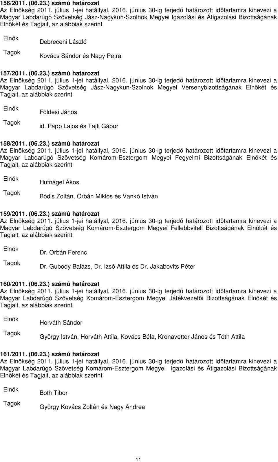 ) számú határozat Magyar Labdarúgó Szövetség Jász-Nagykun-Szolnok Megyei Versenybizottságának ét és Tagjait, az Földesi János id. Papp Lajos és Tajti Gábor 158/2011. (06.23.