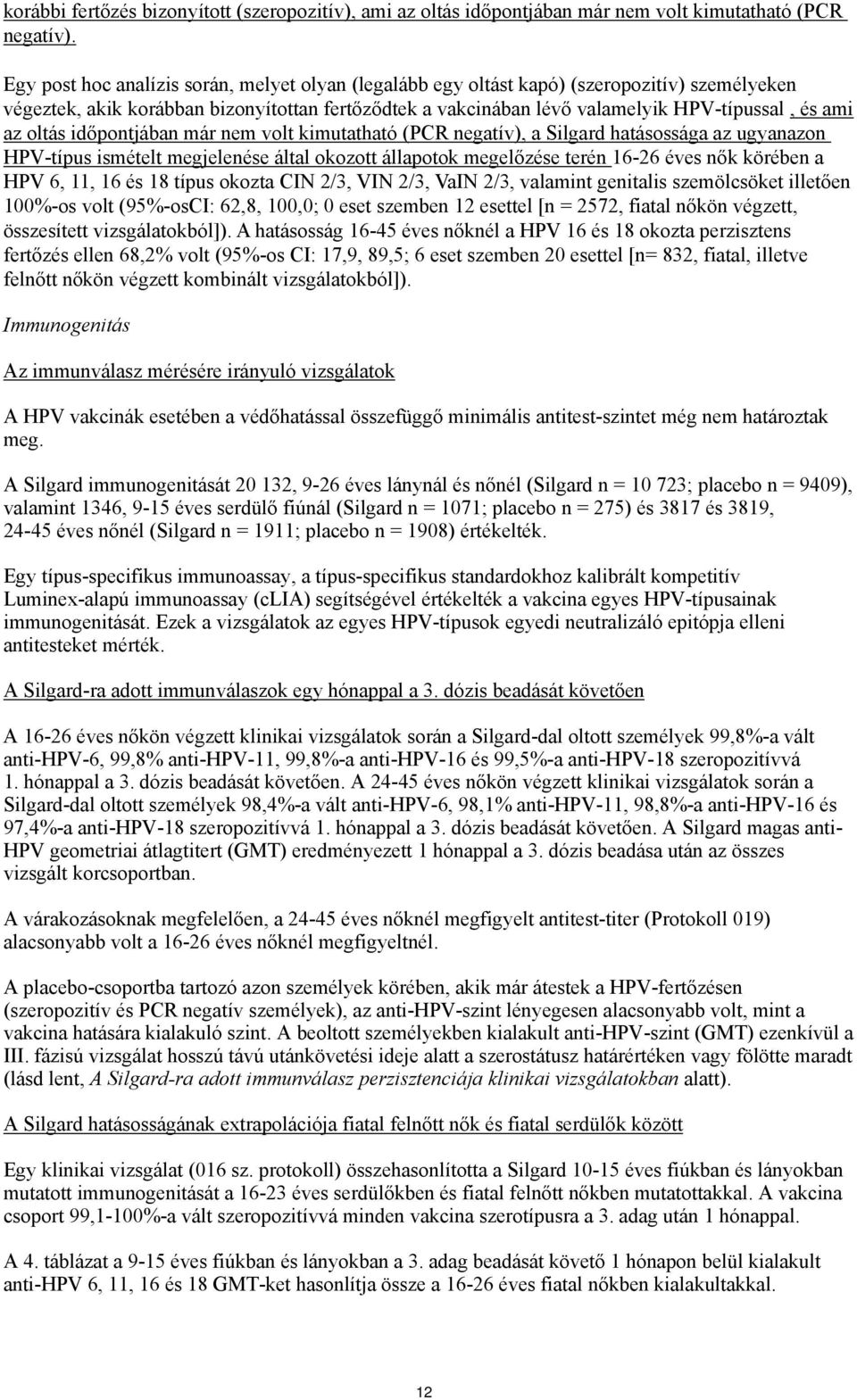 oltás időpontjában már nem volt kimutatható (PCR negatív), a Silgard hatásossága az ugyanazon HPV-típus ismételt megjelenése által okozott állapotok megelőzése terén 16-26 éves nők körében a HPV 6,