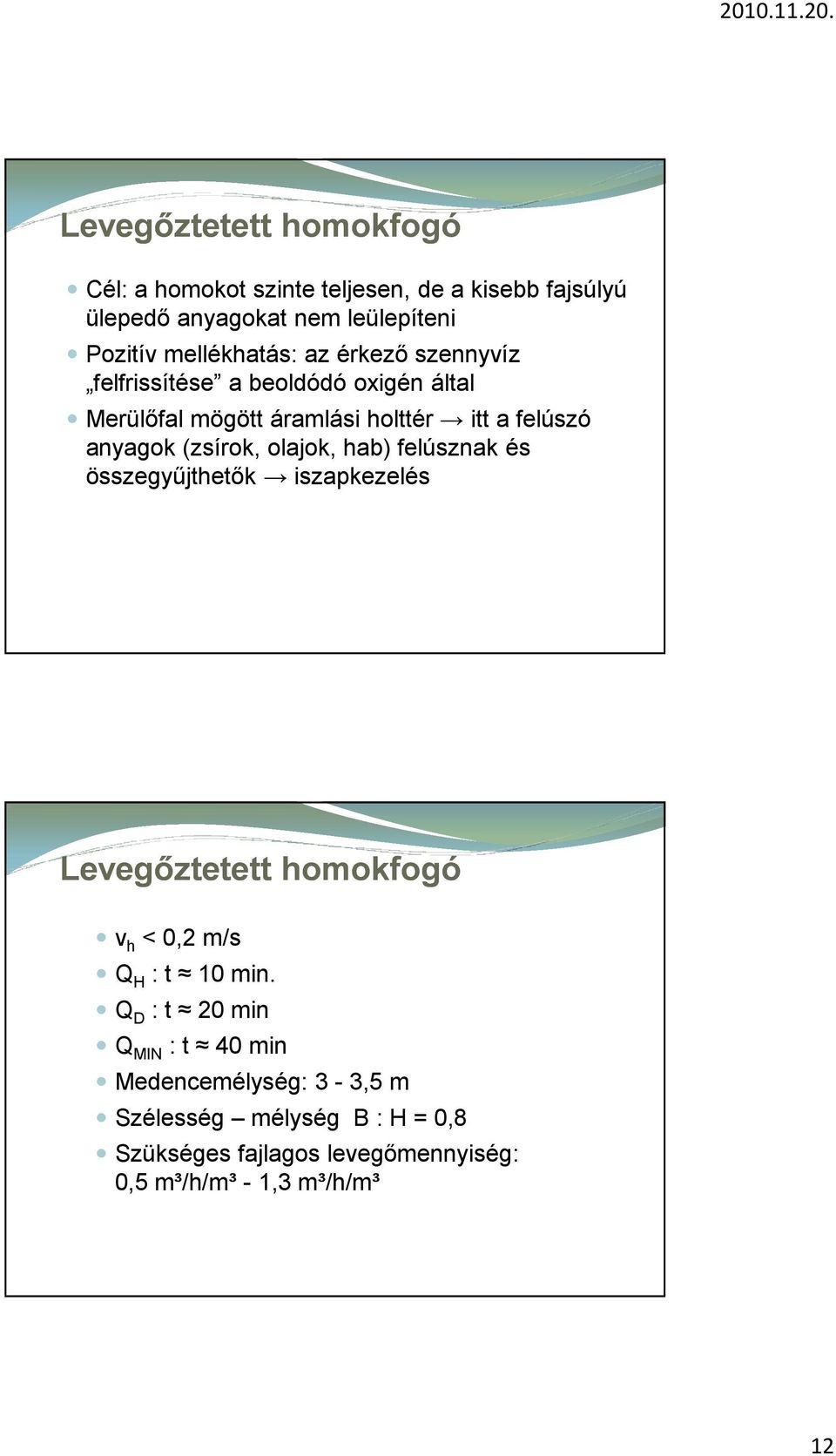 (zsírok, olajok, hab) felúsznak és összegyűjthetők iszapkezelés Levegőztetett homokfogó v h < 0,2 m/s Q H : t 10 min.