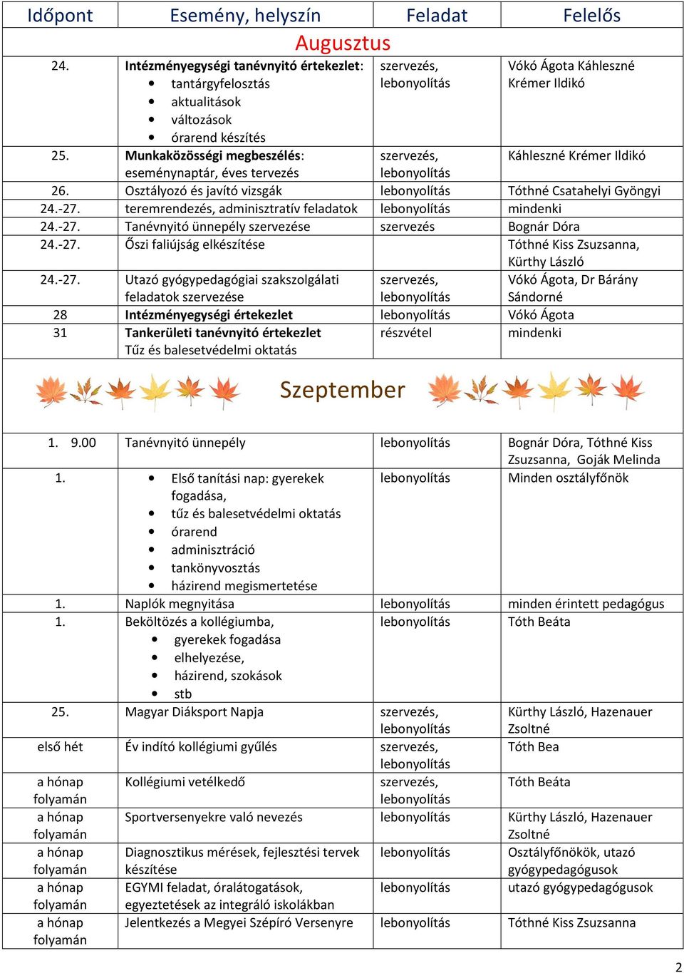 teremrendezés, adminisztratív feladatok mindenki 24.-27.