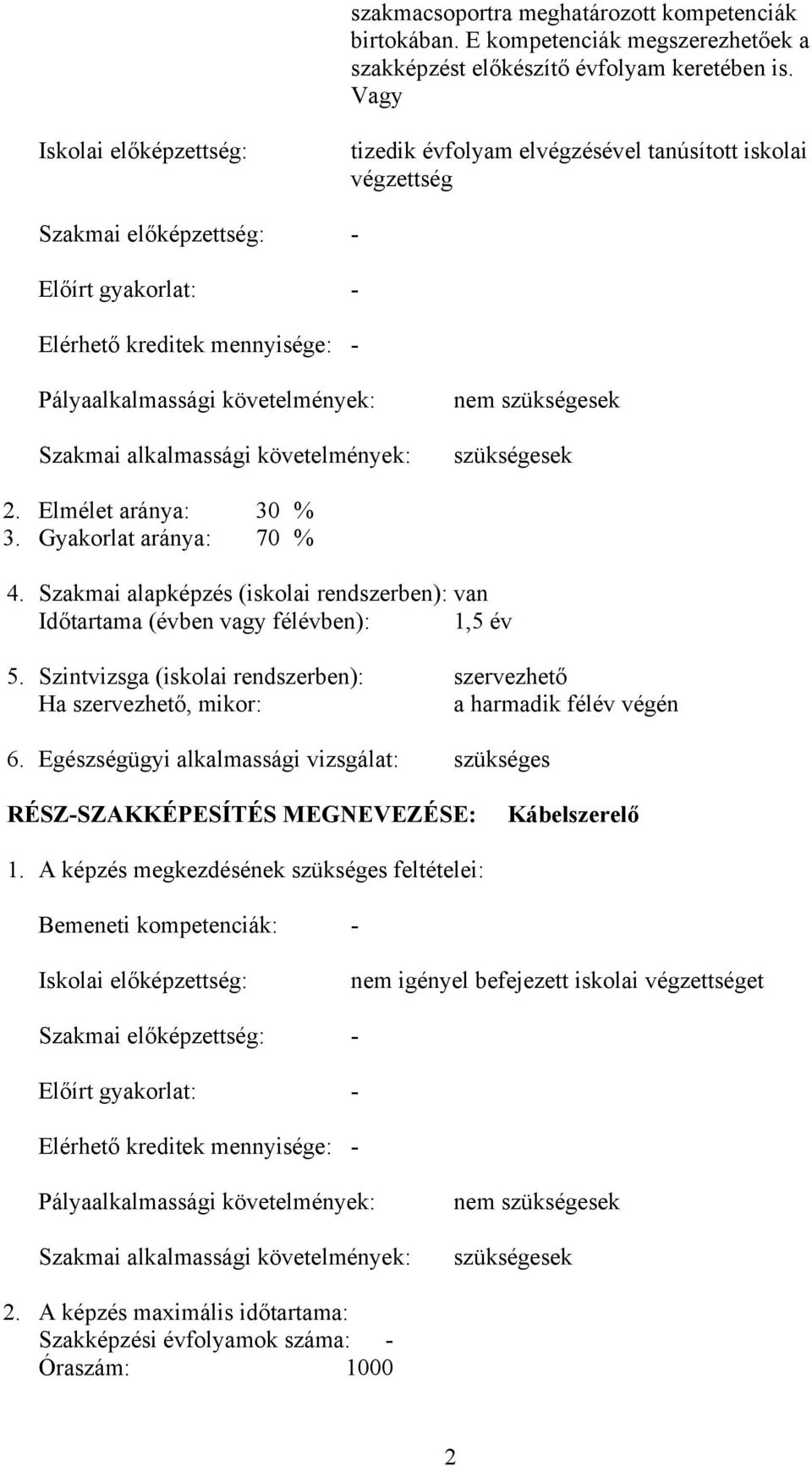 Szakmai alkalmassági követelmények: nem szükségesek szükségesek 2. Elmélet aránya: 30 % 3. Gyakorlat aránya: 70 % 4.