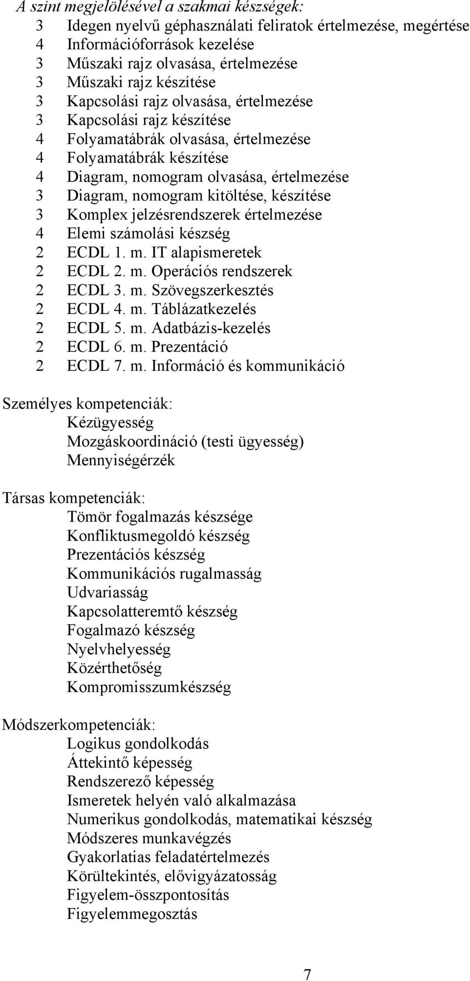 kitöltése, készítése 3 Komplex jelzésrendszerek értelmezése 4 Elemi számolási készség 2 ECDL 1. m. IT alapismeretek 2 ECDL 2. m. Operációs rendszerek 2 ECDL 3. m. Szövegszerkesztés 2 ECDL 4. m. Táblázatkezelés 2 ECDL 5.