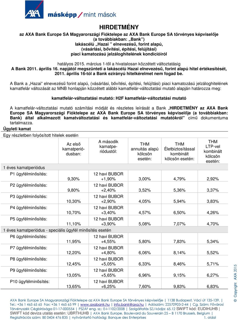 napjától megszünteti a lakáscélú Hazai elnevezésű, forint alapú hitel értékesítését, 2011. április 16-tól a Bank ezirányú hitelkérelmet nem fogad be.